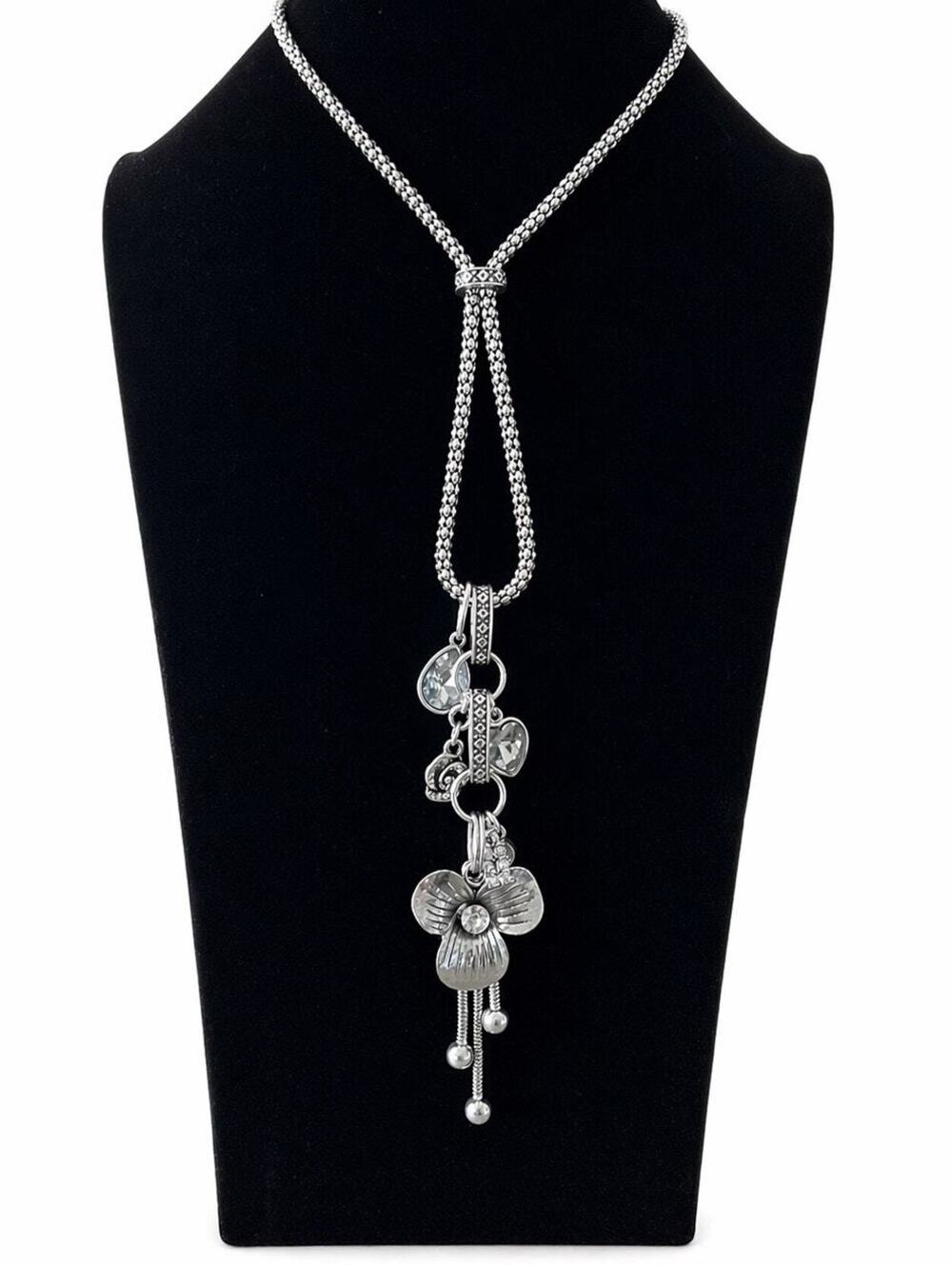 Drop Down Silver-Toned Lariat Necklace and Floral Drop Pendant Boho Chunky